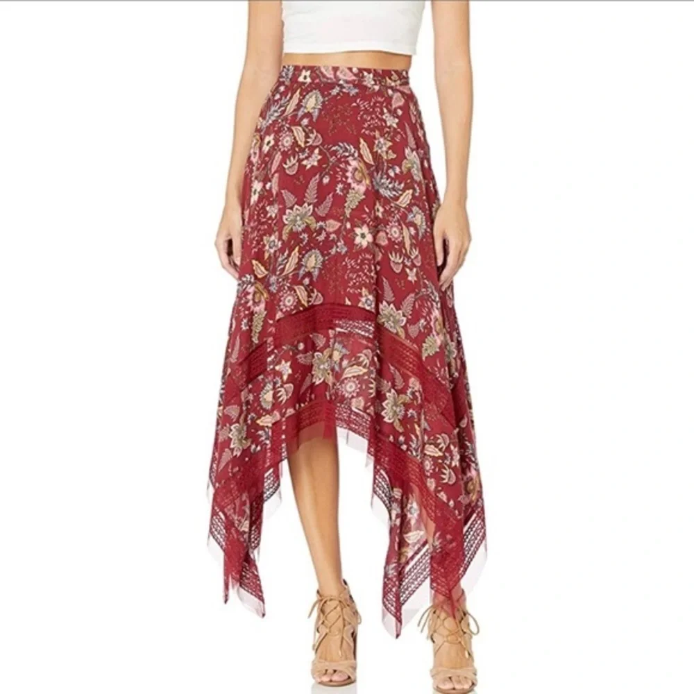 NWT BCBGMaxAzria Gypsy Red Floral High Low Flowy Skirt